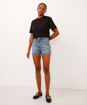 short jeans cintura super alta com brilhos azul médio