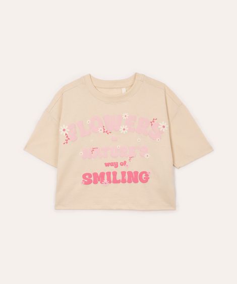 camiseta de algodão infantil manga curta flowers bege