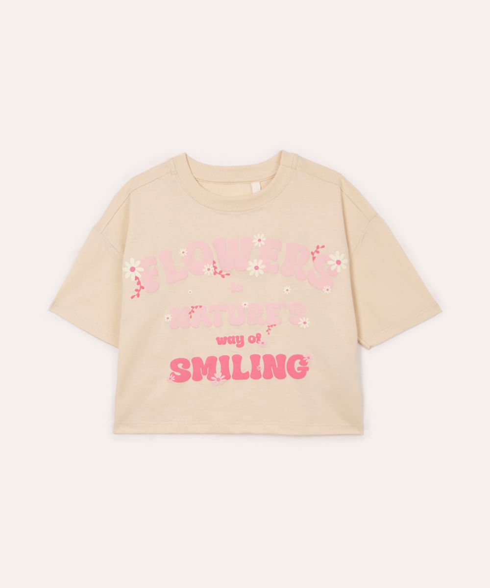 camiseta de algodão infantil manga curta flowers bege