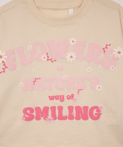 camiseta de algodão infantil manga curta flowers bege