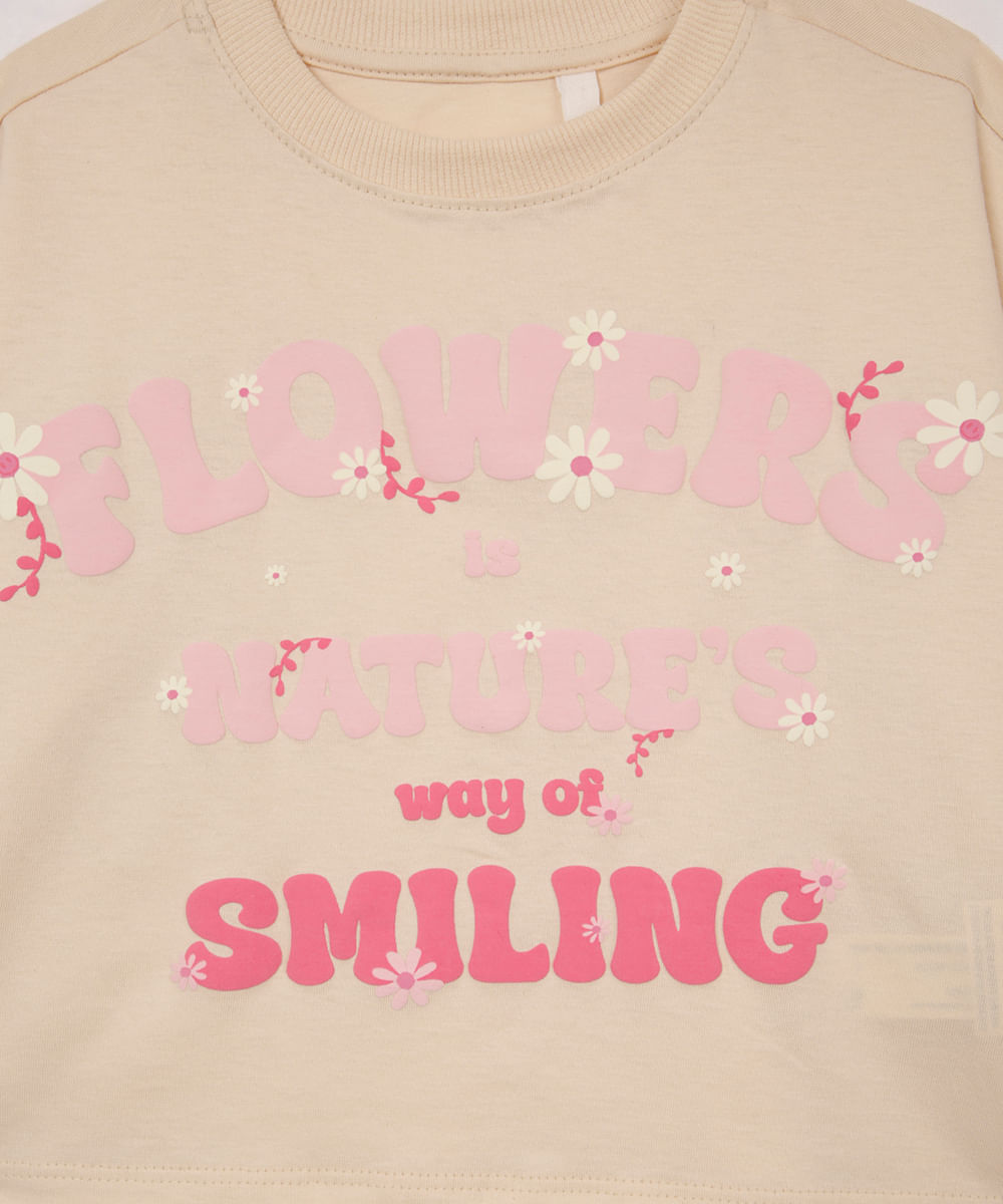 camiseta de algodão infantil manga curta flowers bege
