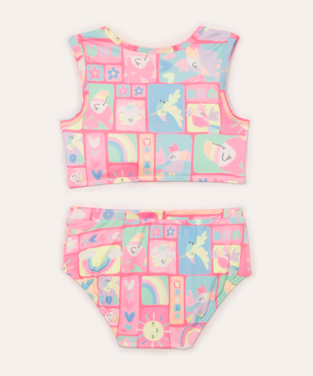 biquini infantil passarinhos proteção uv rosa