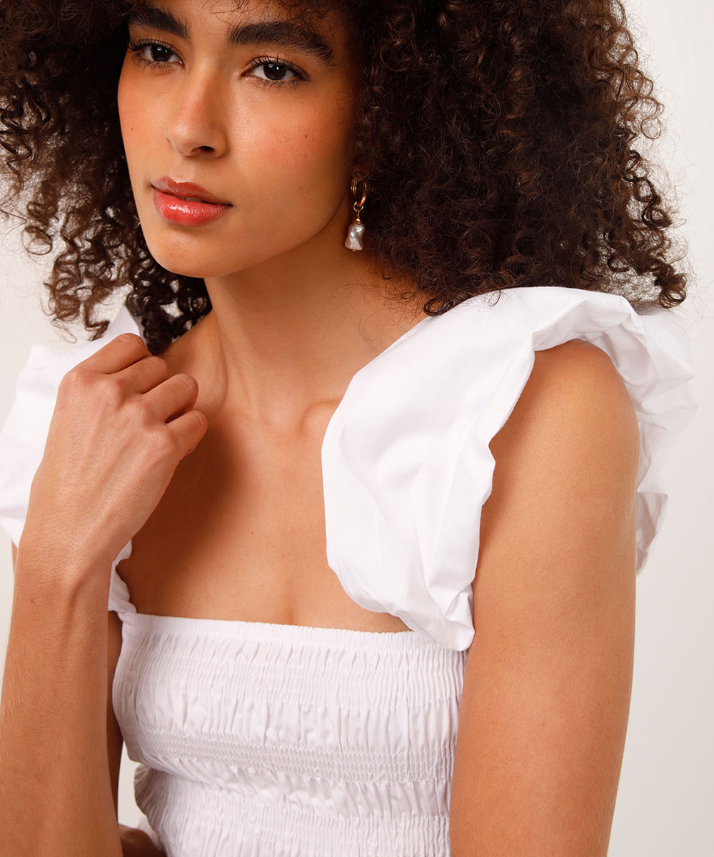 blusa cropped franzido alça bufante off white