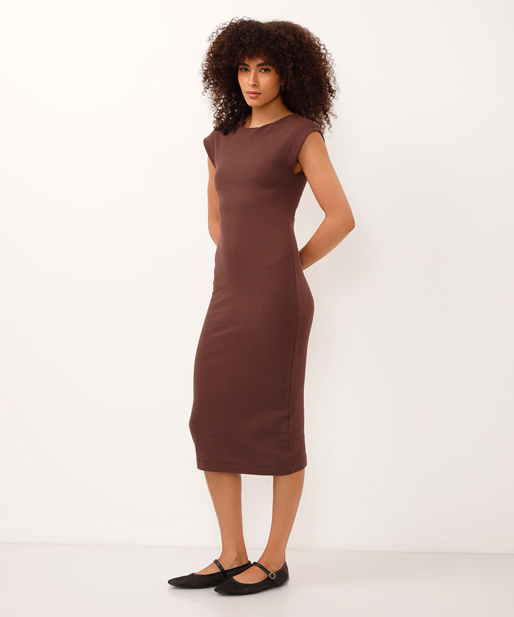 vestido midi de algodão manga japonesa canelado marrom