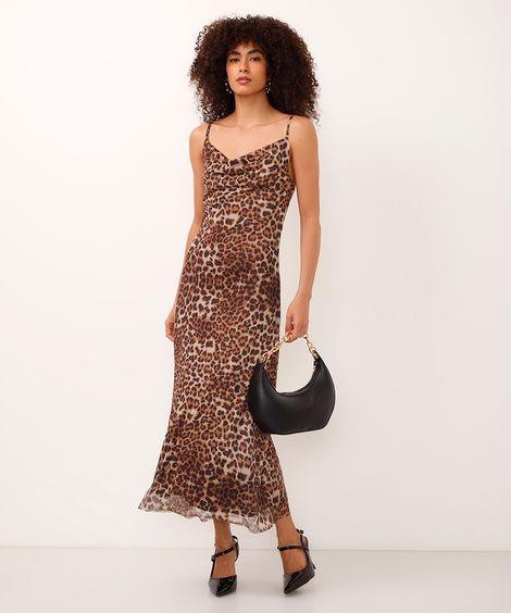 vestido midi de tule animal print preto