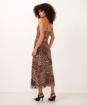 vestido midi de tule animal print preto