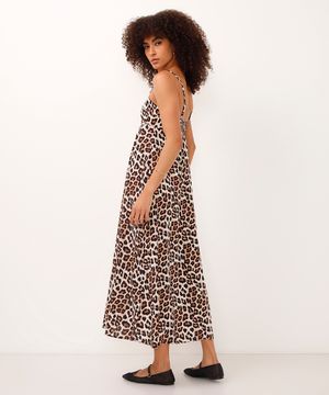 vestido midi de viscose alça fina animal print bege