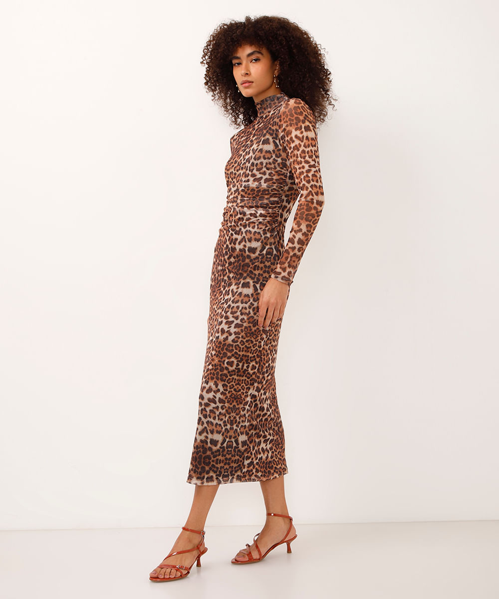 vestido midi de tule gola alta manga longa animal print preto