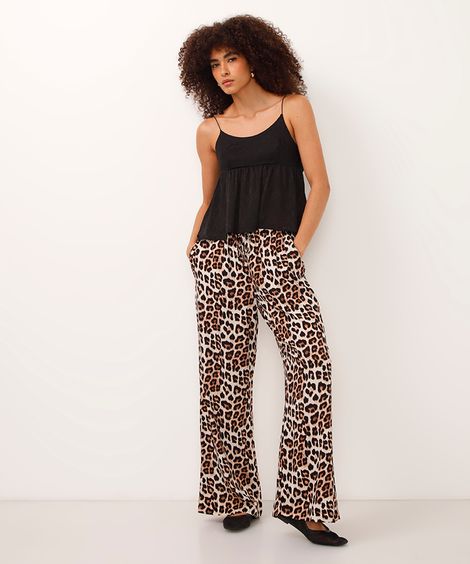 calça wide leg de viscose animal print bege