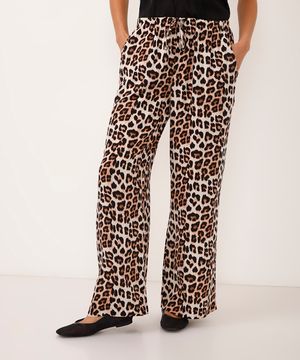 calça wide leg de viscose animal print bege