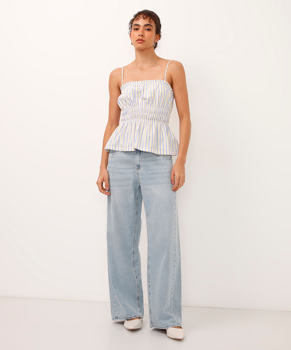calça wide leg oversized jeans cintura média azul