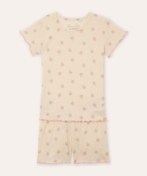 pijama curto infantil com fru fru e moranguinhos off white