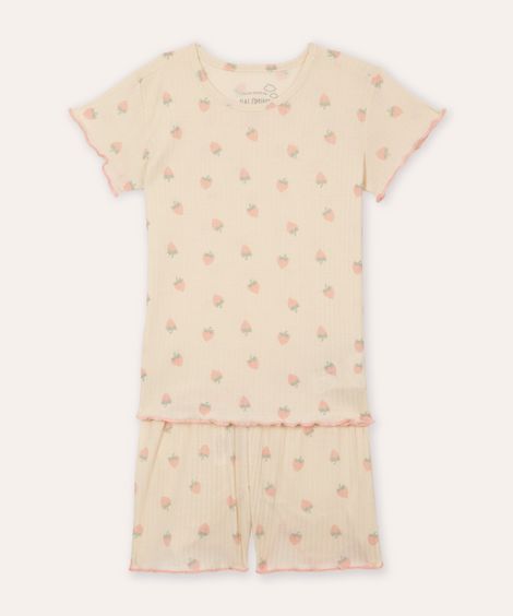 pijama curto infantil com fru fru e moranguinhos off white