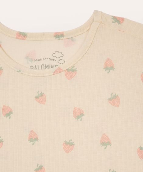 pijama curto infantil com fru fru e moranguinhos off white