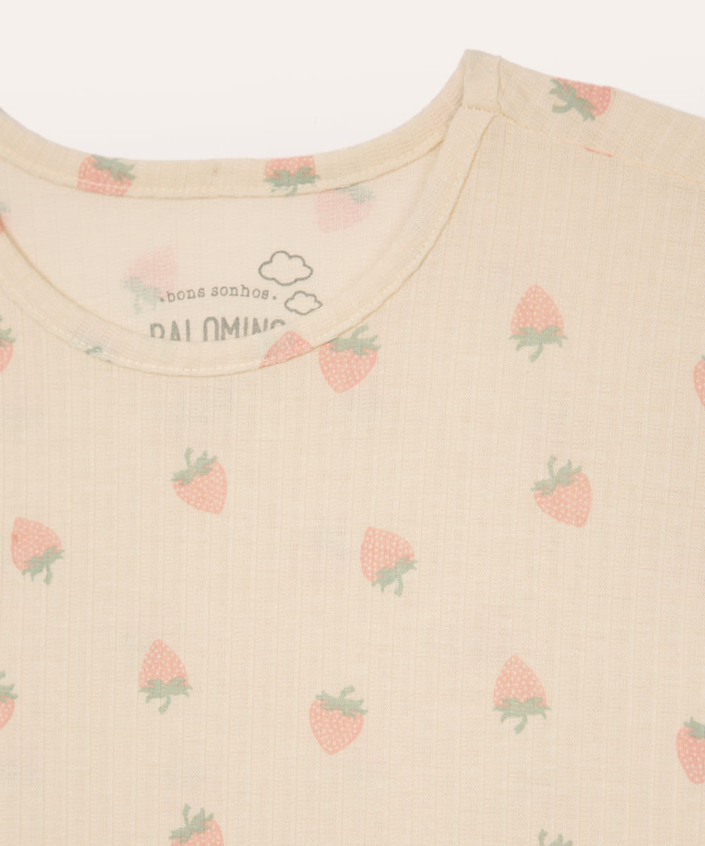 pijama curto infantil com fru fru e moranguinhos off white