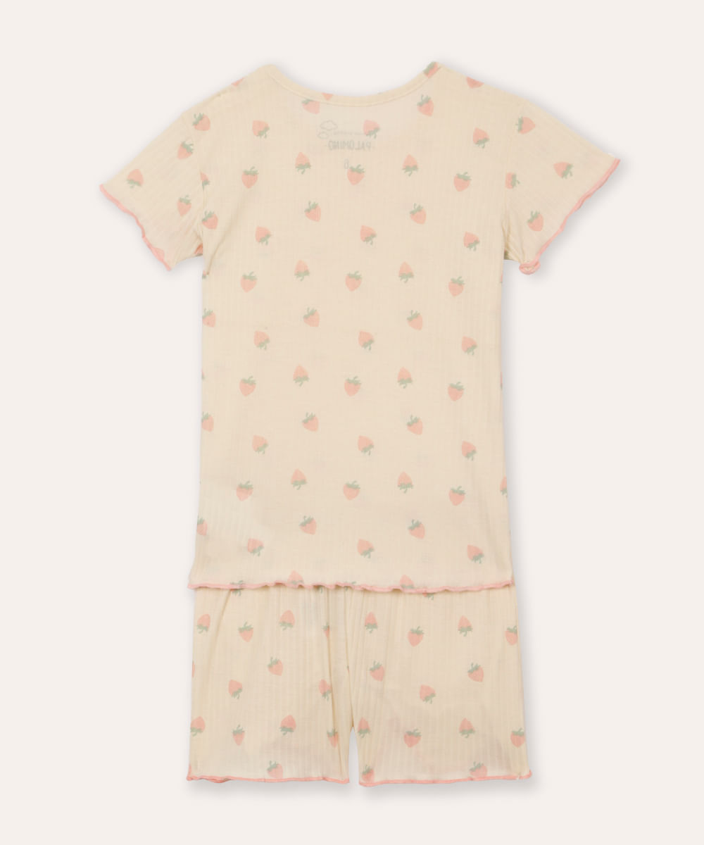 pijama curto infantil com fru fru e moranguinhos off white
