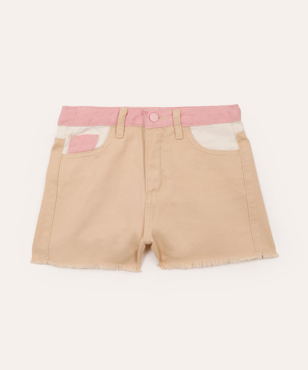 short infantil de sarja tricolor bege