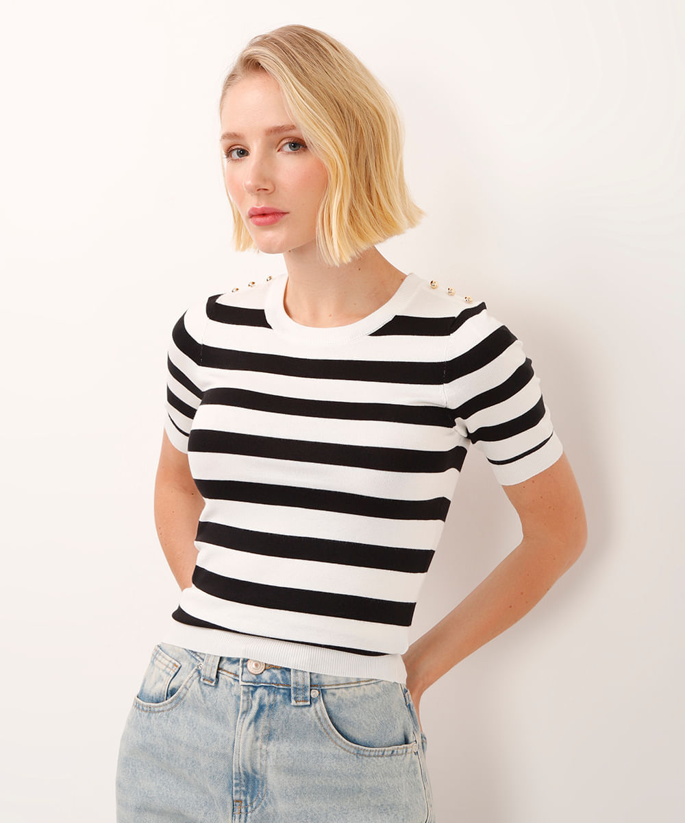 blusa de tricot manga curta botões nos ombros listrada off white