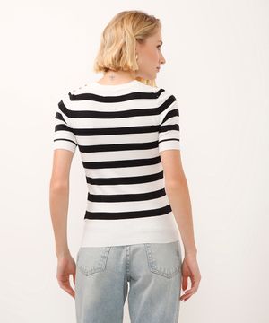 blusa de tricot manga curta botões nos ombros listrada off white