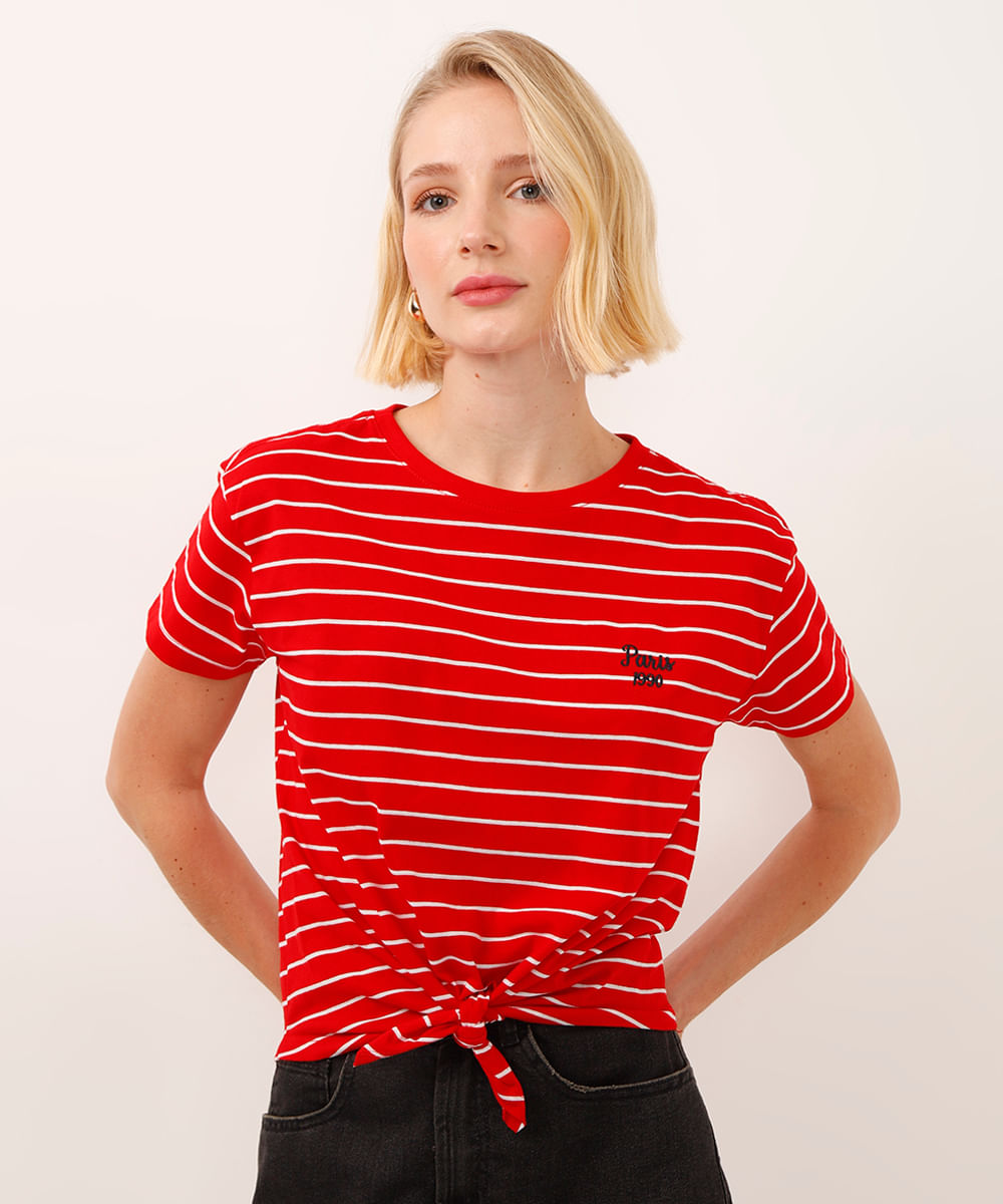 camiseta de algodão com amarração paris listrada vermelha