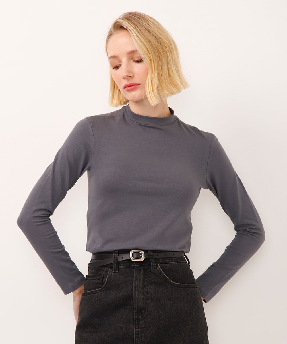 blusa de algodão gola alta manga longa cinza