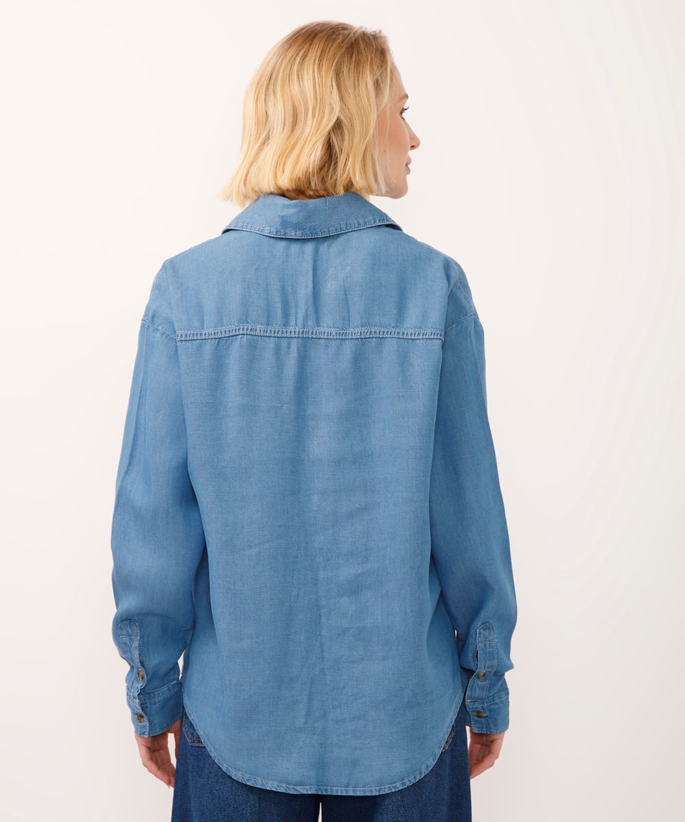 camisa de liocel manga longa barra assimétrica azul