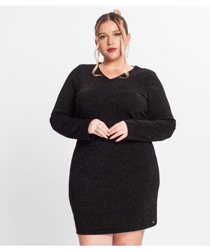 Vestido Plus Size Feminino Manga Longa Secret Glam Preto