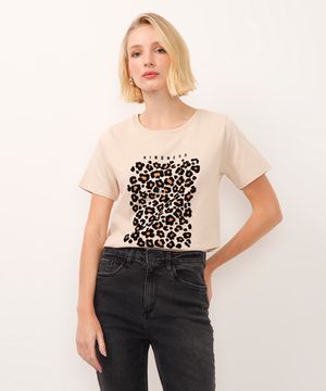 camiseta de algodão animal print kindness bege