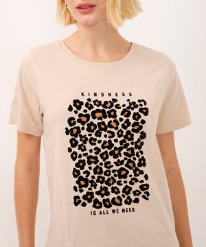 camiseta de algodão animal print kindness bege