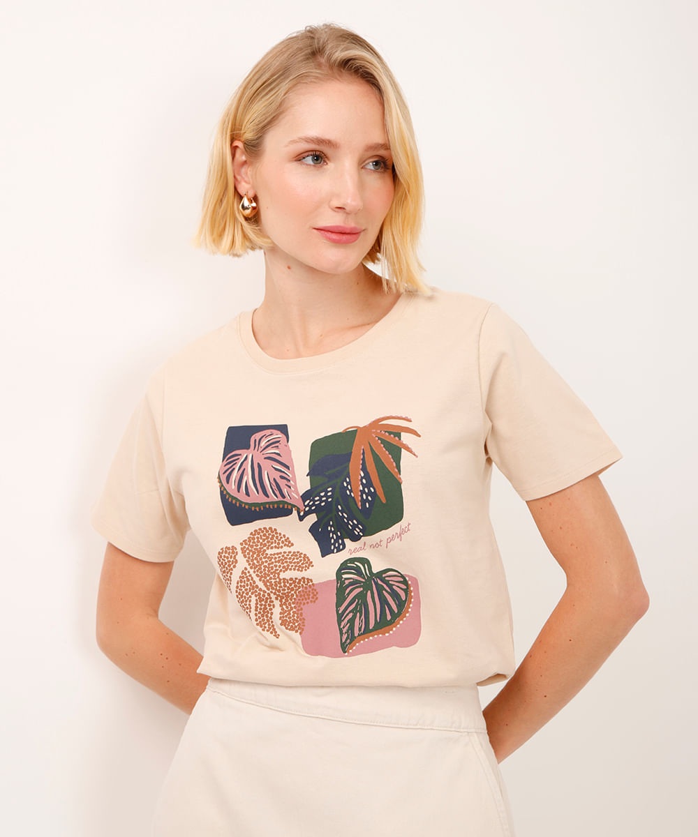 camiseta de algodão folhagem real not perfect bege