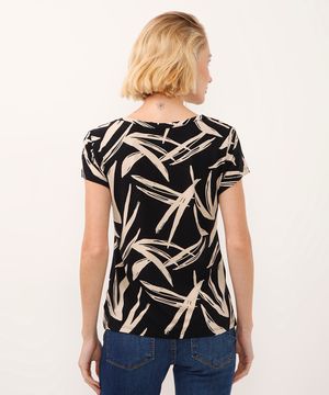 blusa de viscose com botão no ombro folhagem preta