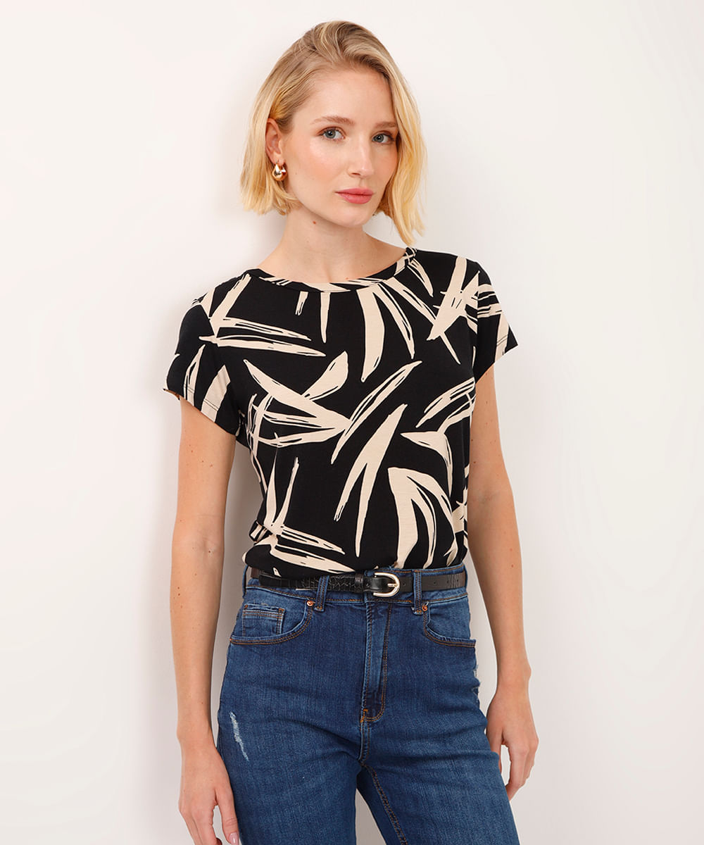 blusa de viscose com botão no ombro folhagem preta