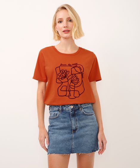 camiseta de algodão manga curta flowers the world laranja
