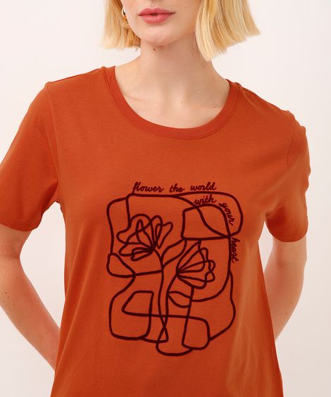 camiseta de algodão manga curta flowers the world laranja