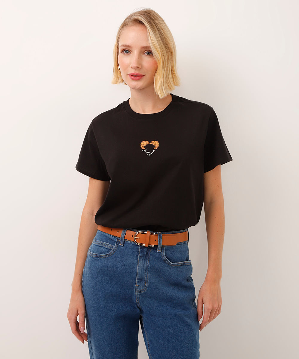 camiseta de algodão croissant manga curta preta