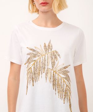 camiseta de algodão manga curta folhagem metalizada off white