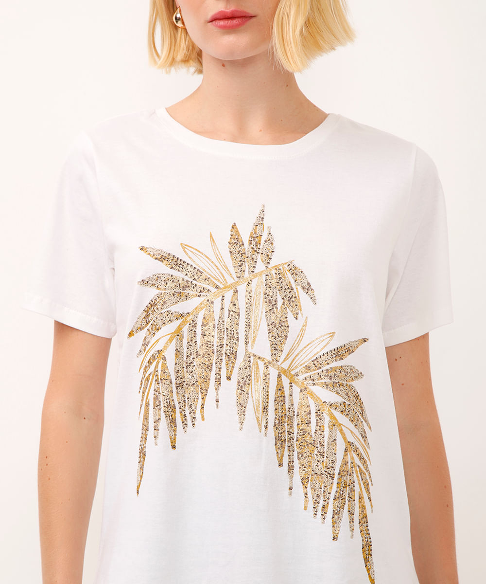 camiseta de algodão manga curta folhagem metalizada off white