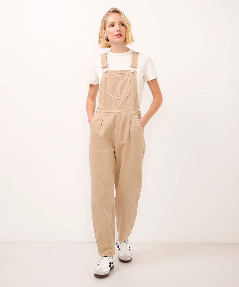 jardineira de sarja baggy bege