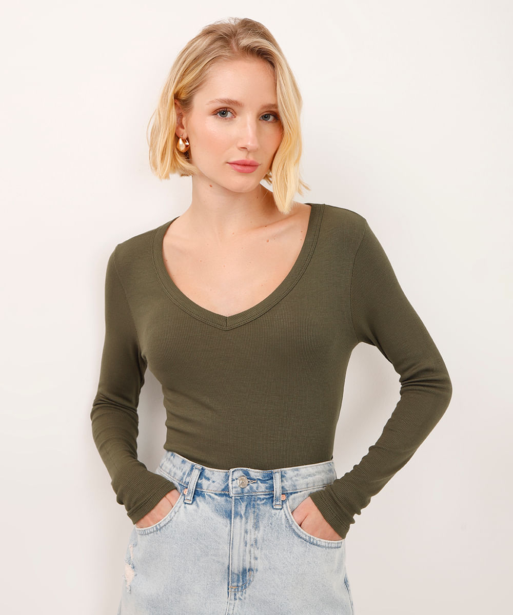 blusa cropped de viscose decote v manga longa verde
