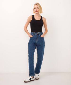 calça jeans mom cintura super alta azul escuro