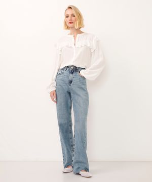 calça jeans wide leg slim cintura alta azul