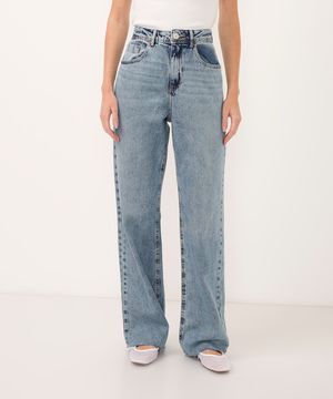 calça jeans wide leg slim cintura alta azul