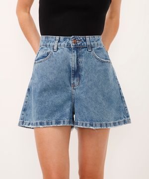 short evasê jeans cintura alta azul