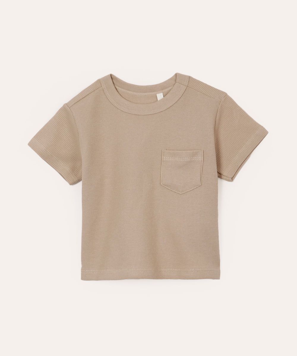 camiseta de algodão infantil com bolso texturizada bege