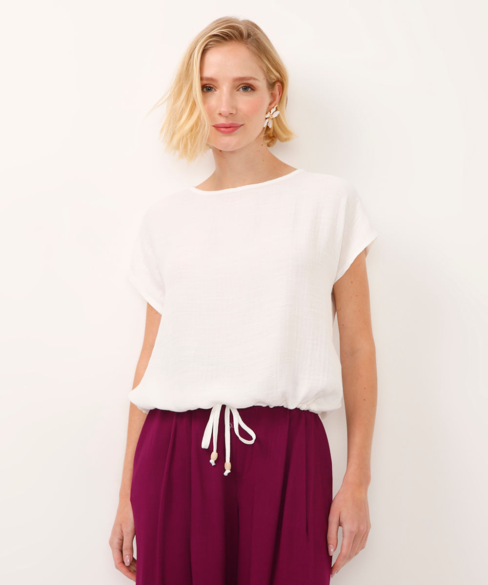 camiseta de viscose com amarração texturizada off white