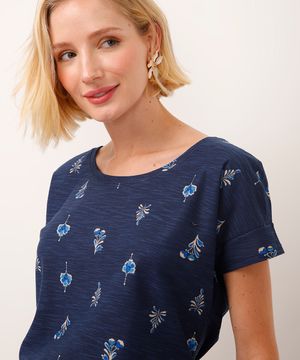 camiseta de algodão manga curta floral azul