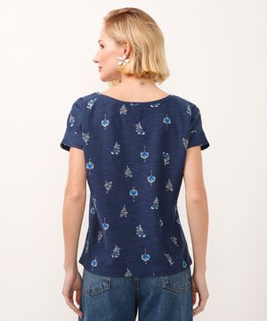 camiseta de algodão manga curta floral azul