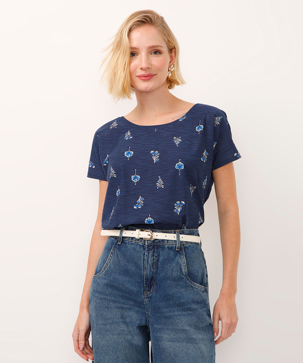 camiseta de algodão manga curta floral azul