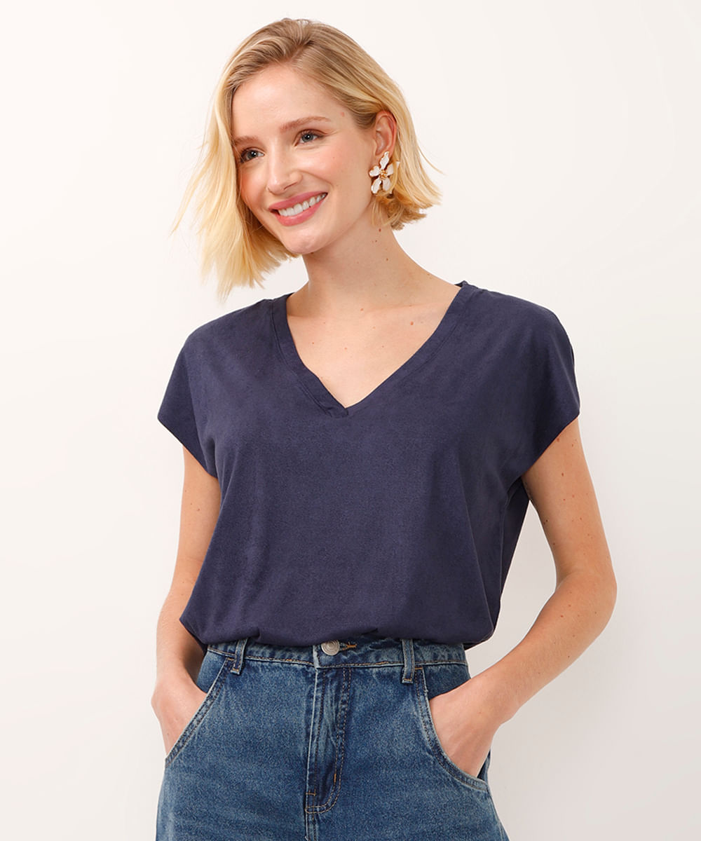 blusa de suede decote v manga japonesa azul