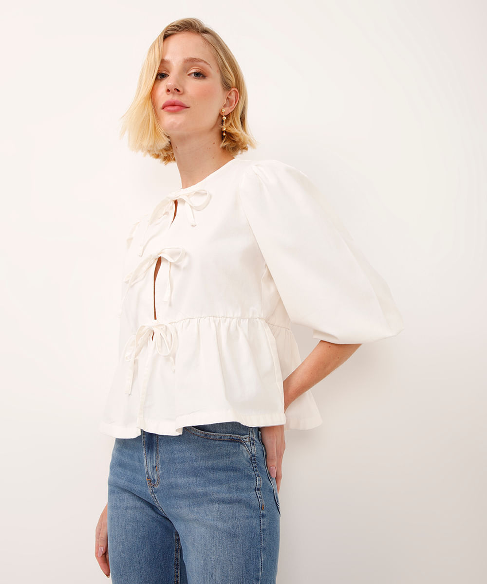 blusa de sarja manga bufante com laços off white
